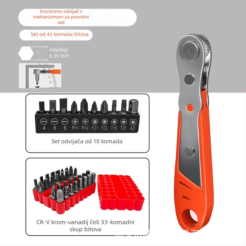 Set odvijača Eagle Shield s reverzibilnim racijskim mehanizmom, lakat ključem i pravokutnim bitovima — karbon čelik, težina 0,6 kg, Set: Da, Magnetno: Ne, Izolirano: Ne