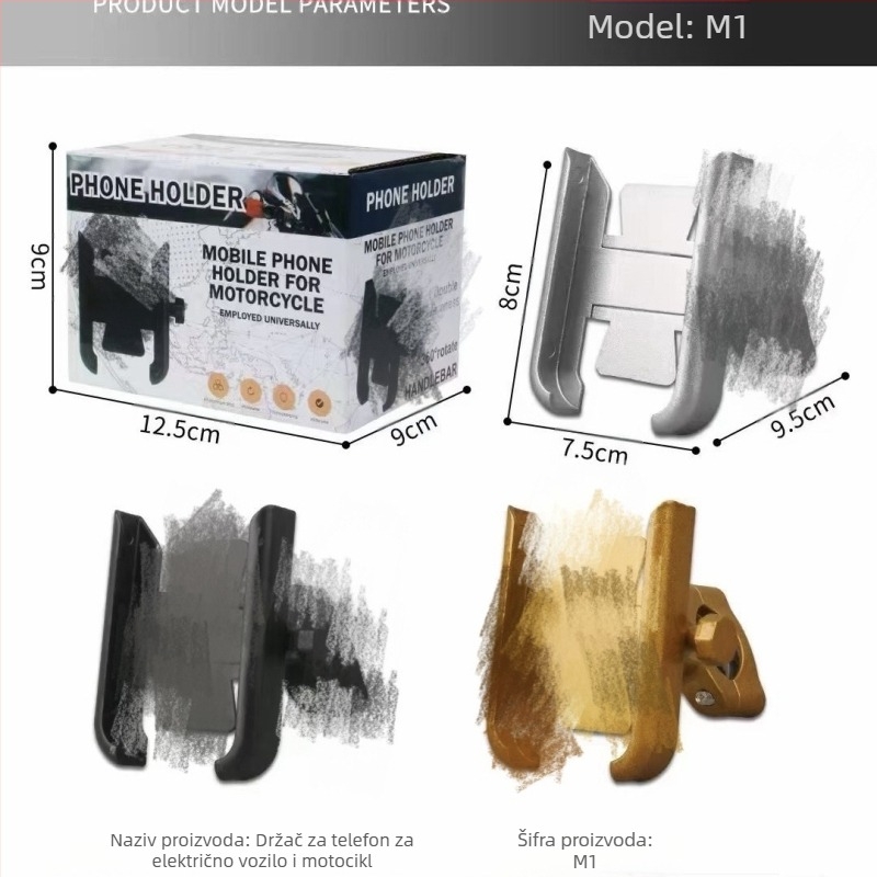 Držač telefona za motocikl - aluminijska legura, univerzalni, prilagodljiv