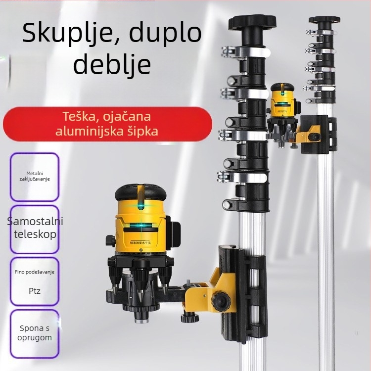 Laserska razina s teleskopskom šipkom za podršku i infracrveni višenamjenski držač, od debele aluminijske legure i nehrđajućeg čelika