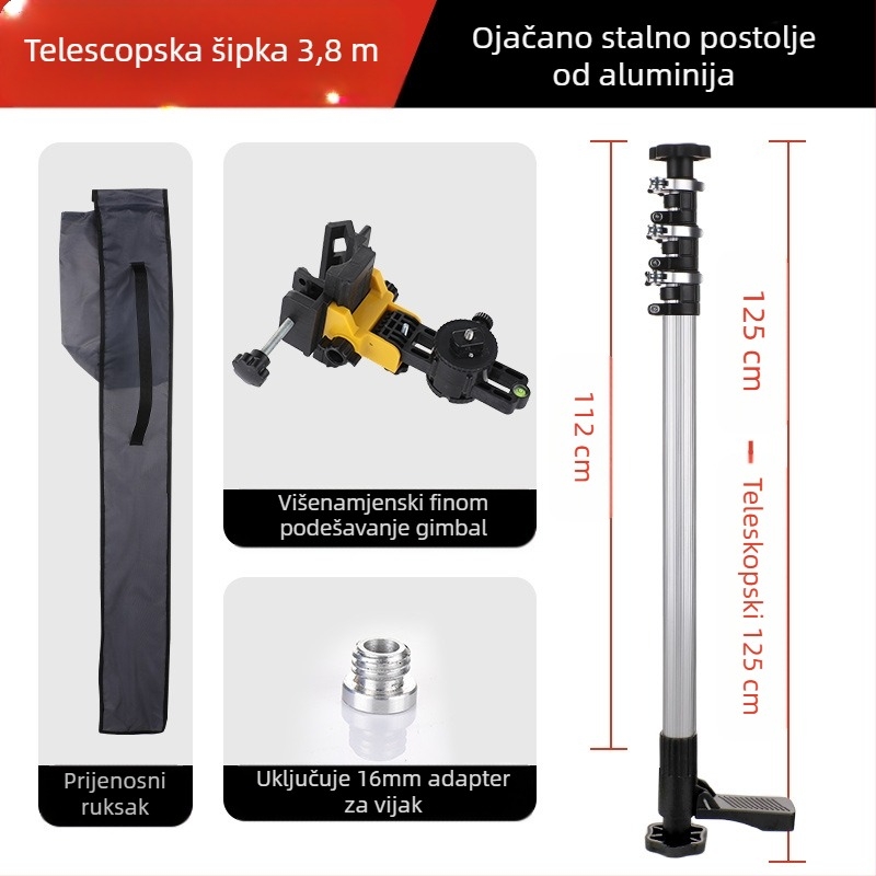 Laserska razina s teleskopskom šipkom za podršku i infracrveni višenamjenski držač, od debele aluminijske legure i nehrđajućeg čelika