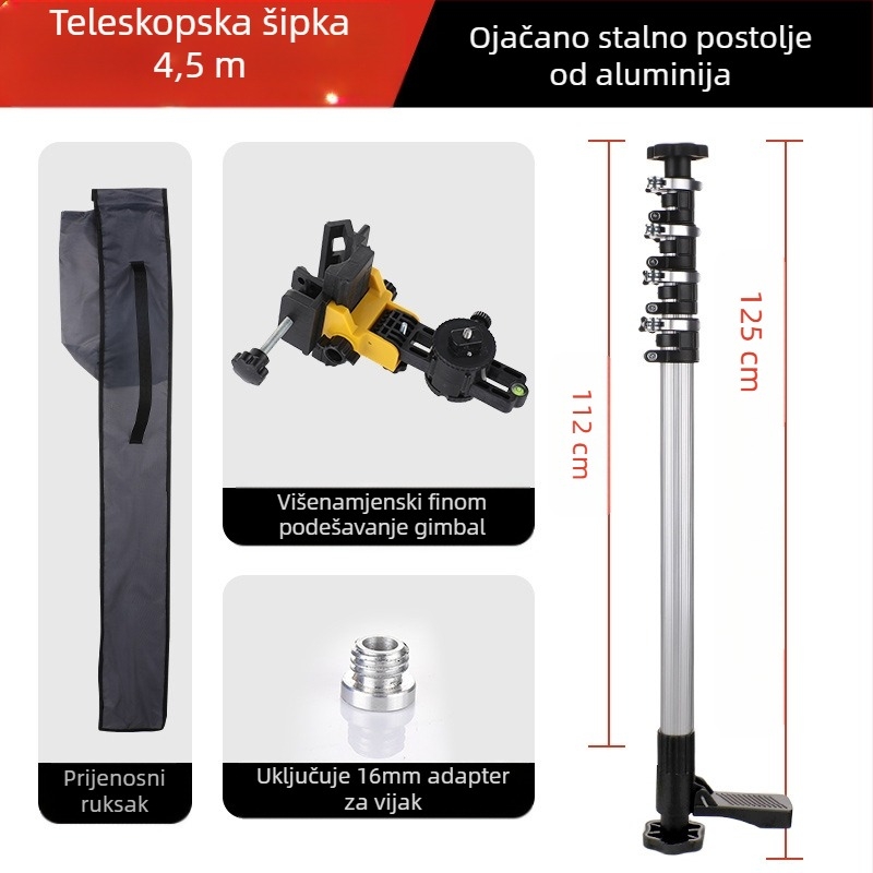 Laserska razina s teleskopskom šipkom za podršku i infracrveni višenamjenski držač, od debele aluminijske legure i nehrđajućeg čelika