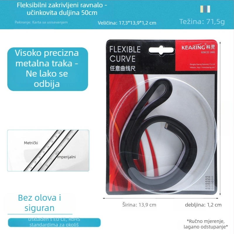 Zmijsko ravnalo — plastično, fleksibilan oblik; težina 89 g; pakiranje 19×9×1,5 cm