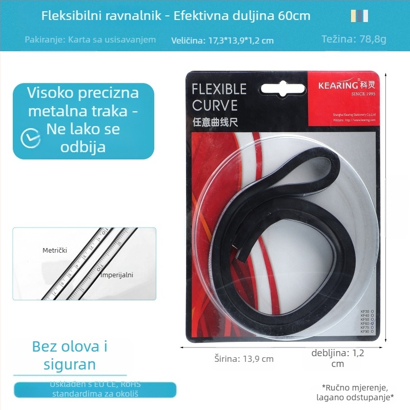 Zmijsko ravnalo — plastično, fleksibilan oblik; težina 89 g; pakiranje 19×9×1,5 cm