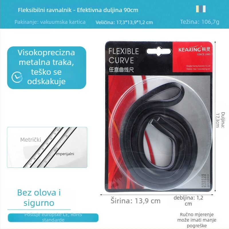 Zmijsko ravnalo — plastično, fleksibilan oblik; težina 89 g; pakiranje 19×9×1,5 cm