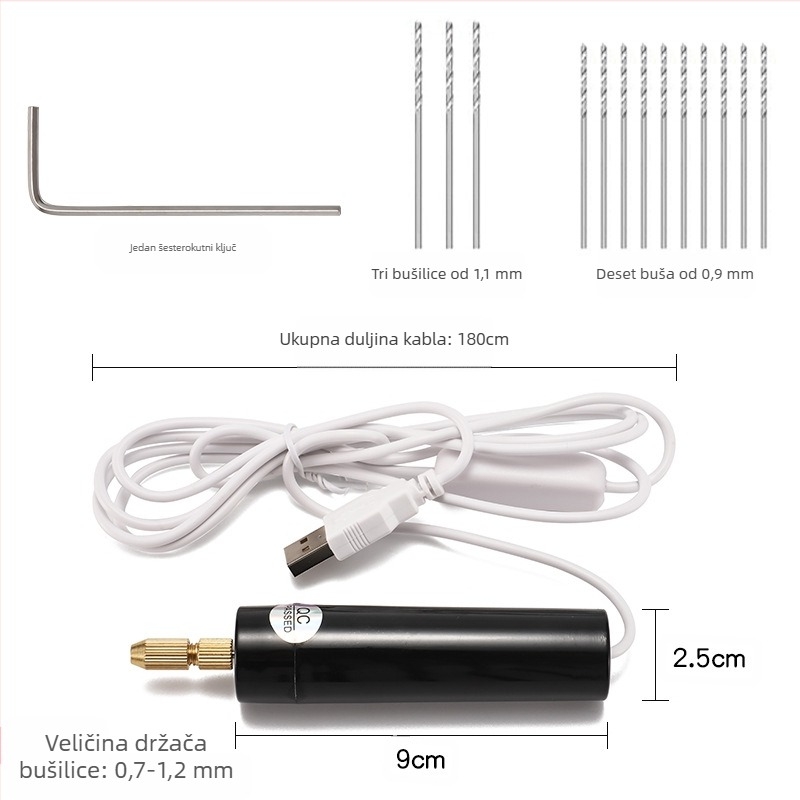 USB mini bušilica za DIY s četkanim motorom, USB napajanje, uspravna orientacija, čeljust bušilice, drvo, metal, plast i kompozitni materijali