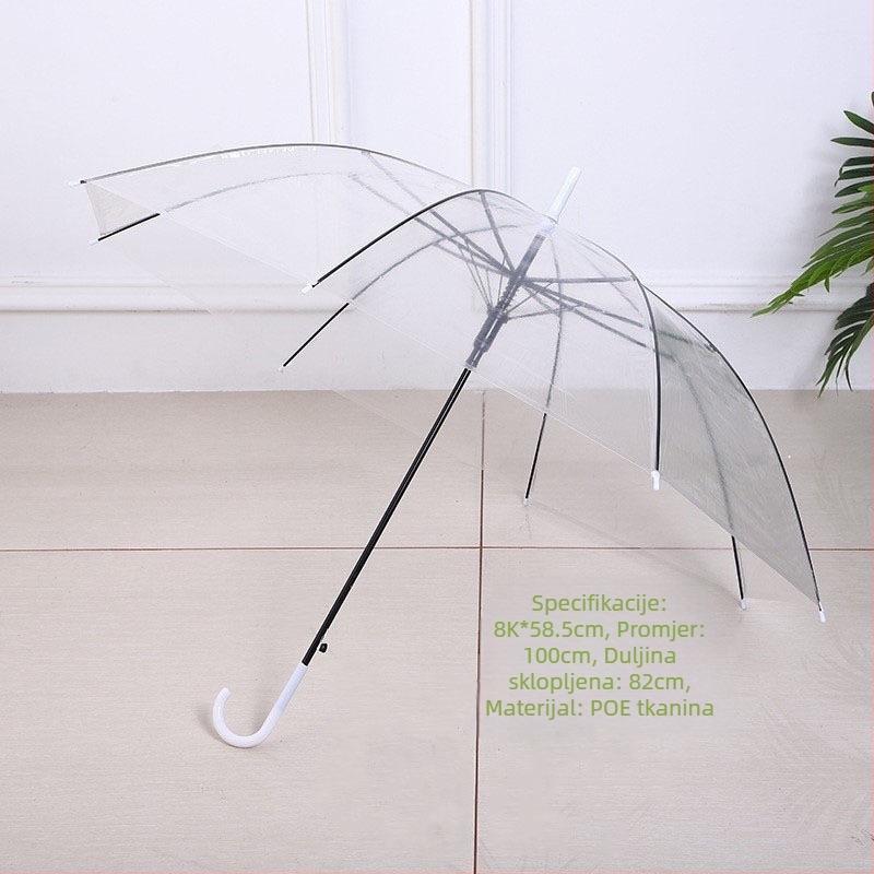 Kišobran s dugom drškom i 16 rebara, automatsko otvaranje, prozirna PVC navlaka, ravna šipka, tisak logotipa i prilagodba