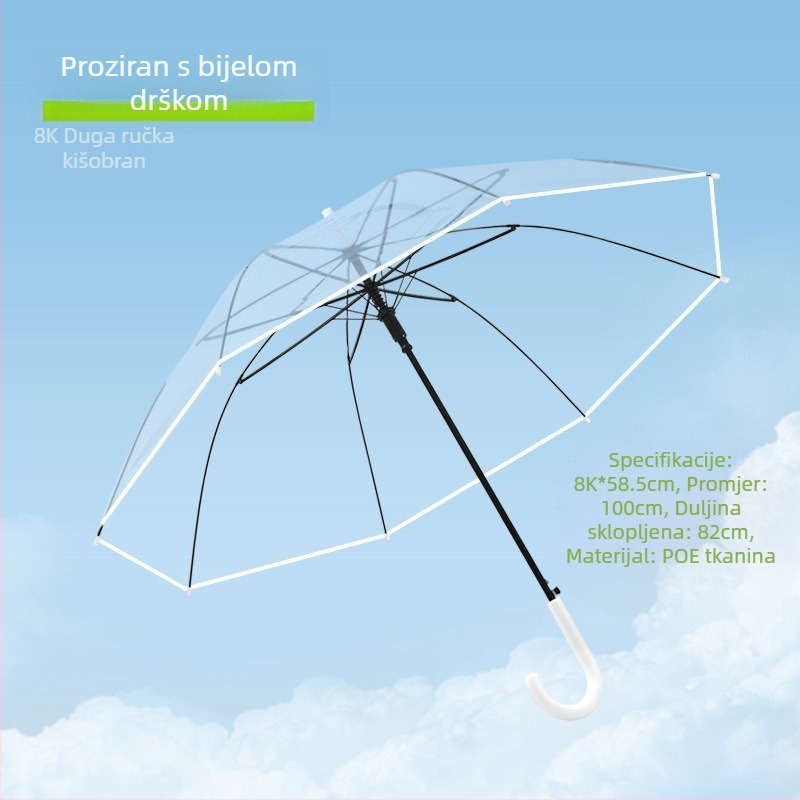 Kišobran s dugom drškom i 16 rebara, automatsko otvaranje, prozirna PVC navlaka, ravna šipka, tisak logotipa i prilagodba