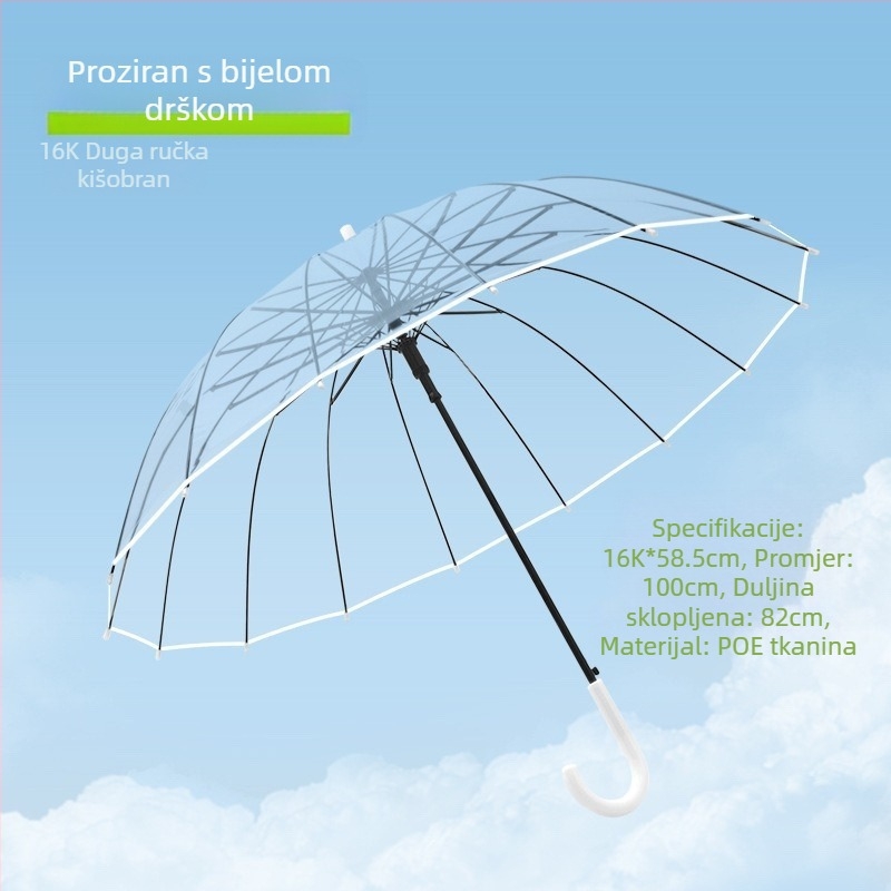 Kišobran s dugom drškom i 16 rebara, automatsko otvaranje, prozirna PVC navlaka, ravna šipka, tisak logotipa i prilagodba
