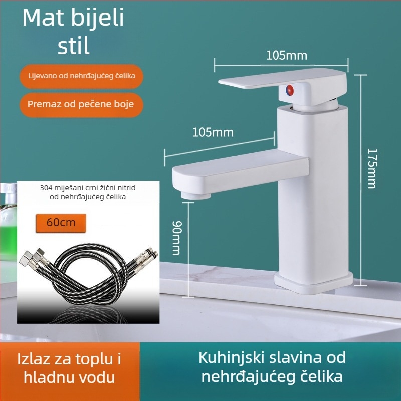 Kvadratna slavina za umivaonik, jedinstveni miješanje, nehrđajući čelik SF-02, keramički kartridž, 0–99°C