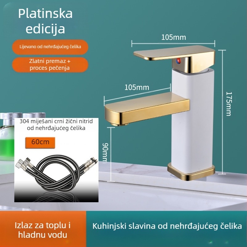 Kvadratna slavina za umivaonik, jedinstveni miješanje, nehrđajući čelik SF-02, keramički kartridž, 0–99°C