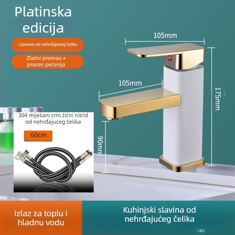 Kvadratna slavina za umivaonik, jedinstveni miješanje, nehrđajući čelik SF-02, keramički kartridž, 0–99°C