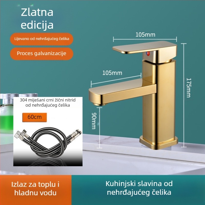 Kvadratna slavina za umivaonik, jedinstveni miješanje, nehrđajući čelik SF-02, keramički kartridž, 0–99°C