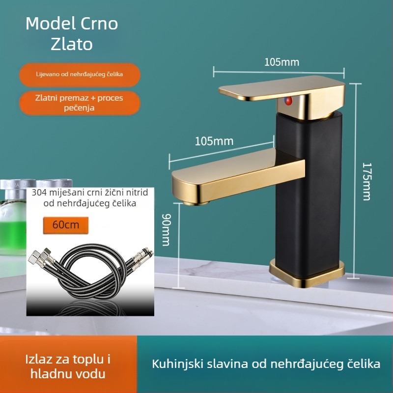 Kvadratna slavina za umivaonik, jedinstveni miješanje, nehrđajući čelik SF-02, keramički kartridž, 0–99°C