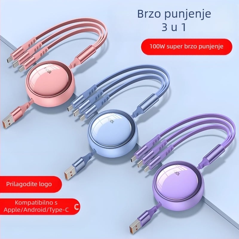 100W brzo punjenje, 3-in-1 teleskopski data kabel s Lightning, Micro USB i USB-C, podesiva duljina 1–2 m
