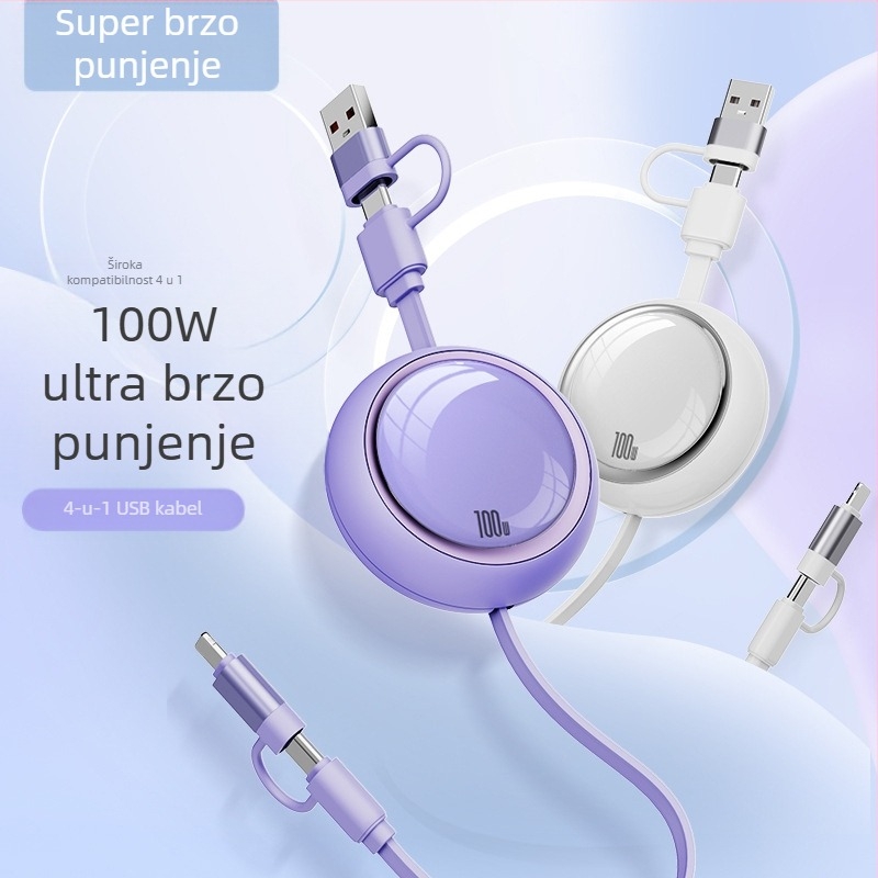 100W brzo punjenje, 3-in-1 teleskopski data kabel s Lightning, Micro USB i USB-C, podesiva duljina 1–2 m