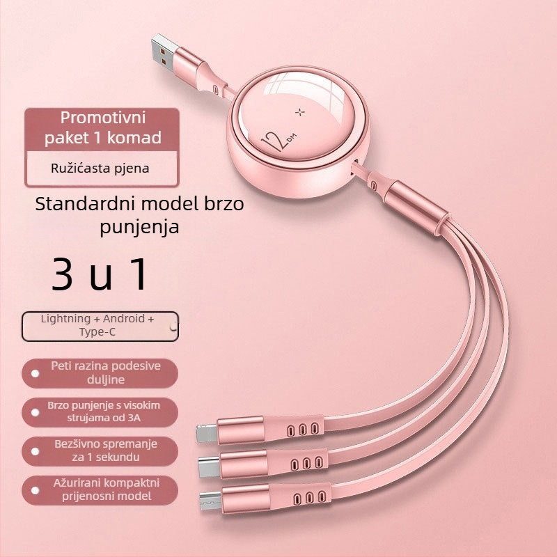 100W brzo punjenje, 3-in-1 teleskopski data kabel s Lightning, Micro USB i USB-C, podesiva duljina 1–2 m
