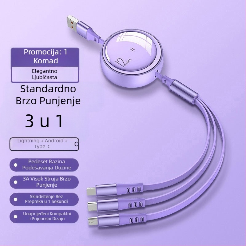100W brzo punjenje, 3-in-1 teleskopski data kabel s Lightning, Micro USB i USB-C, podesiva duljina 1–2 m