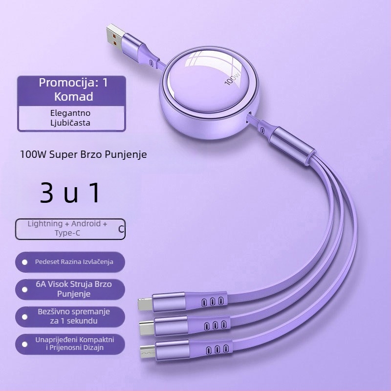 100W brzo punjenje, 3-in-1 teleskopski data kabel s Lightning, Micro USB i USB-C, podesiva duljina 1–2 m
