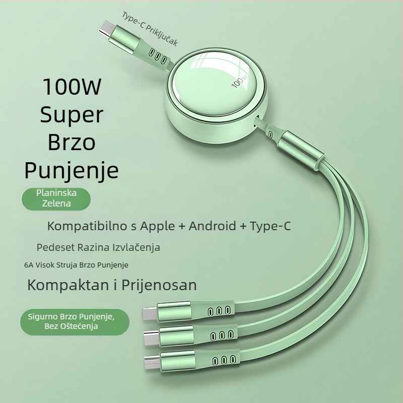 100W brzo punjenje, 3-in-1 teleskopski data kabel s Lightning, Micro USB i USB-C, podesiva duljina 1–2 m