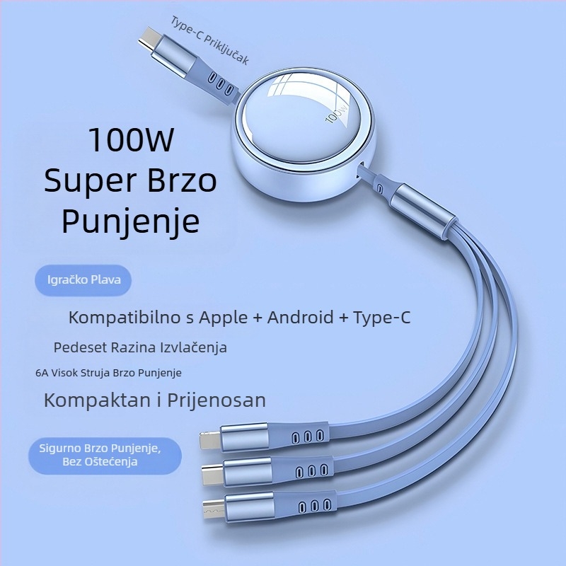 100W brzo punjenje, 3-in-1 teleskopski data kabel s Lightning, Micro USB i USB-C, podesiva duljina 1–2 m