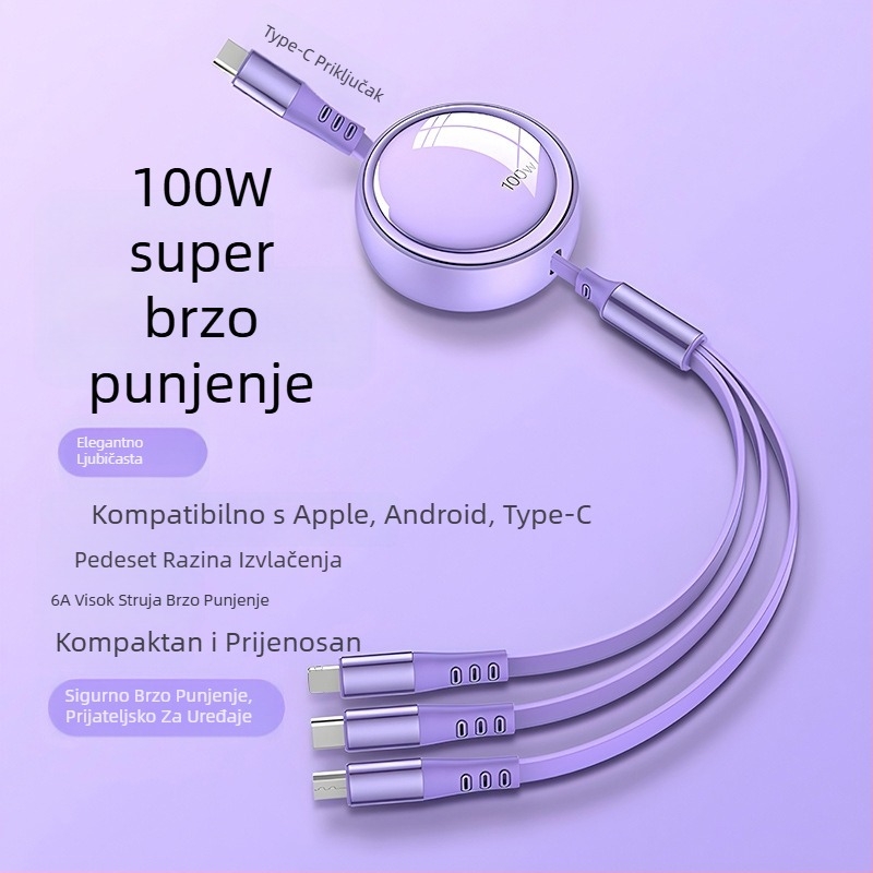 100W brzo punjenje, 3-in-1 teleskopski data kabel s Lightning, Micro USB i USB-C, podesiva duljina 1–2 m