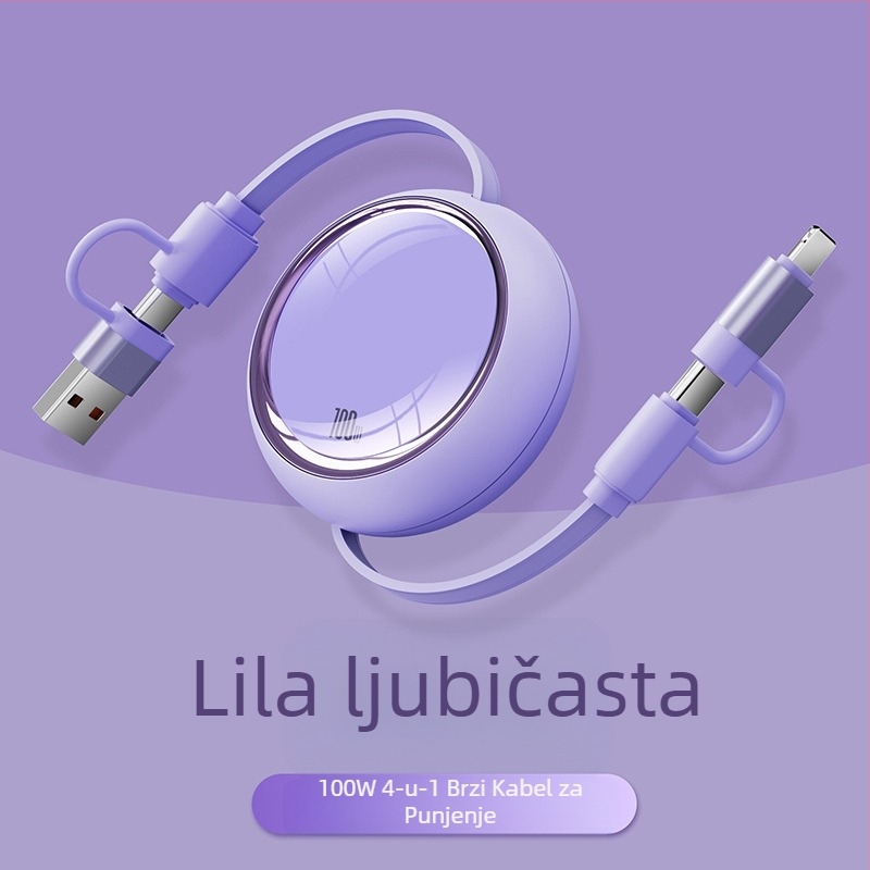100W brzo punjenje, 3-in-1 teleskopski data kabel s Lightning, Micro USB i USB-C, podesiva duljina 1–2 m