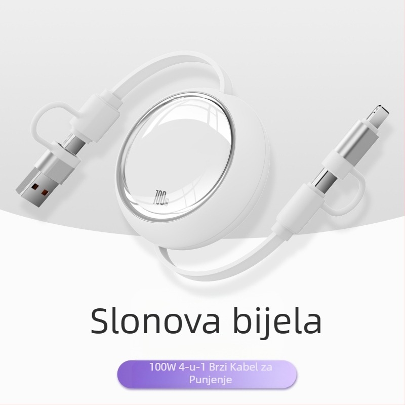 100W brzo punjenje, 3-in-1 teleskopski data kabel s Lightning, Micro USB i USB-C, podesiva duljina 1–2 m