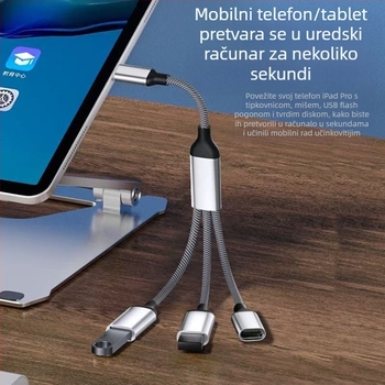USB-C 3-portni OTG hub, USB 2.0, bakreno jezgro kabel, duljina 28 cm