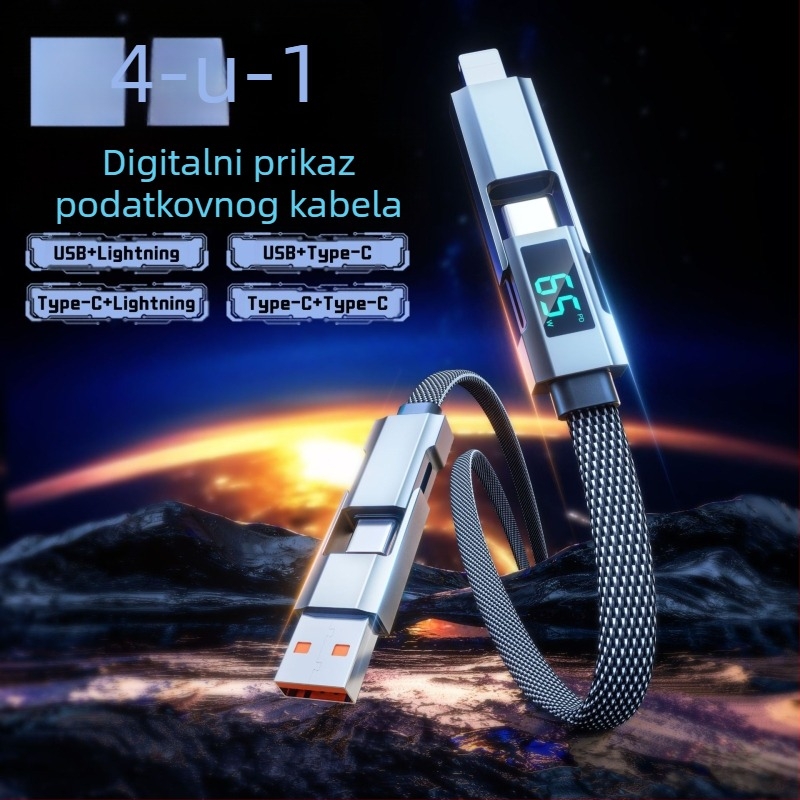 65W kabel s digitalnim prikazom, 4-u-1 USB-C i Lightning, cinkovo legirani, dvostruki izlaz