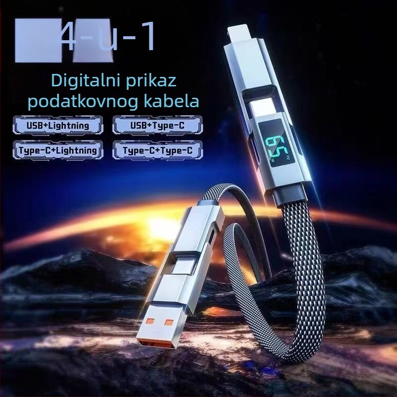 65W kabel s digitalnim prikazom, 4-u-1 USB-C i Lightning, cinkovo legirani, dvostruki izlaz