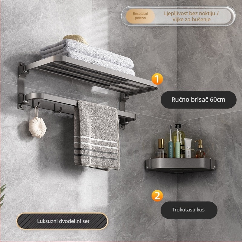 Space aluminijski držač za ručnike, bez bušenja, na zid, 2 sloja, nosivost preko 15 kg, 2023 novo poboljšano dvostruko sklopivo izdanje, završni plastificirani premaz