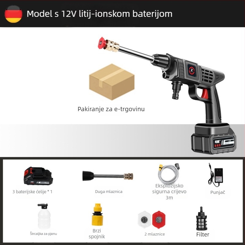 Bežični prijenosni pištolj za pranje autom visokog tlaka, 21V baterija, do 30 bar, model 001, težina 1,2 kg