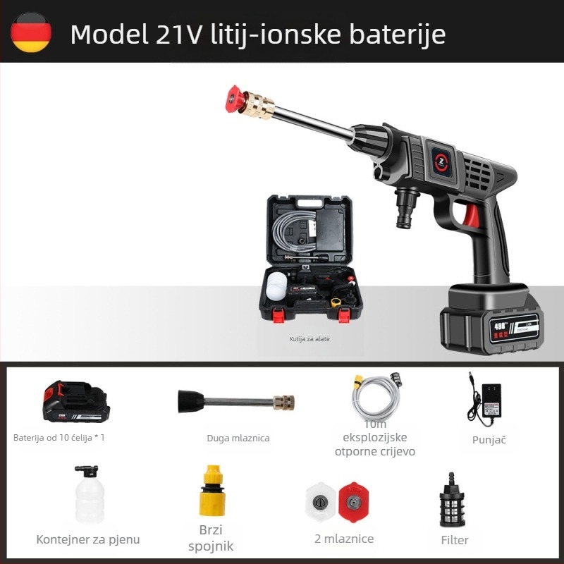 Bežični prijenosni pištolj za pranje autom visokog tlaka, 21V baterija, do 30 bar, model 001, težina 1,2 kg