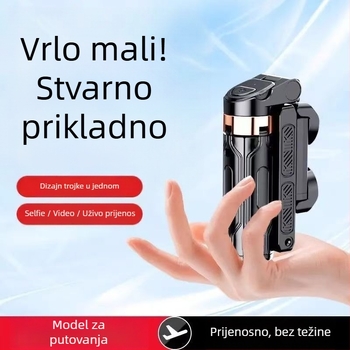 Mini Bluetooth selfie štapić za telefon s četveronožnim stativom, teleskopskog dizajna, stabilizacija slike, ugrađena rasvjeta, materijal aluminijska legura + ABS