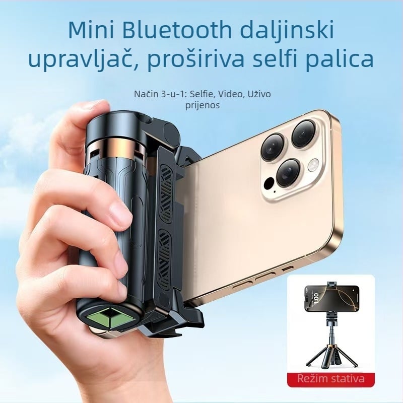 Mini Bluetooth selfie štapić za telefon s četveronožnim stativom, teleskopskog dizajna, stabilizacija slike, ugrađena rasvjeta, materijal aluminijska legura + ABS