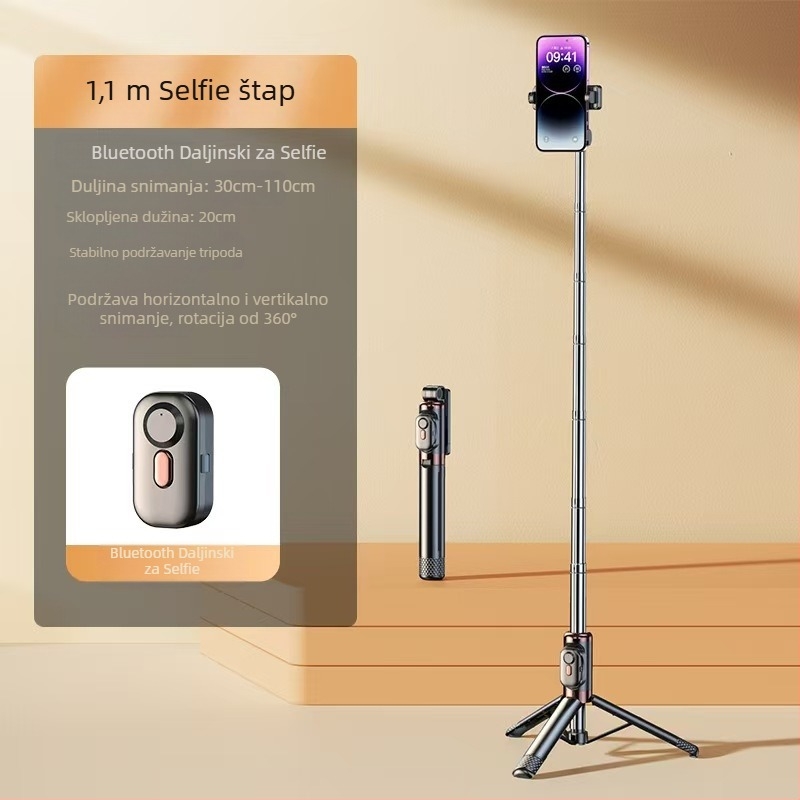 Mini Bluetooth selfie štapić za telefon s četveronožnim stativom, teleskopskog dizajna, stabilizacija slike, ugrađena rasvjeta, materijal aluminijska legura + ABS