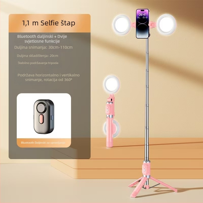 Mini Bluetooth selfie štapić za telefon s četveronožnim stativom, teleskopskog dizajna, stabilizacija slike, ugrađena rasvjeta, materijal aluminijska legura + ABS
