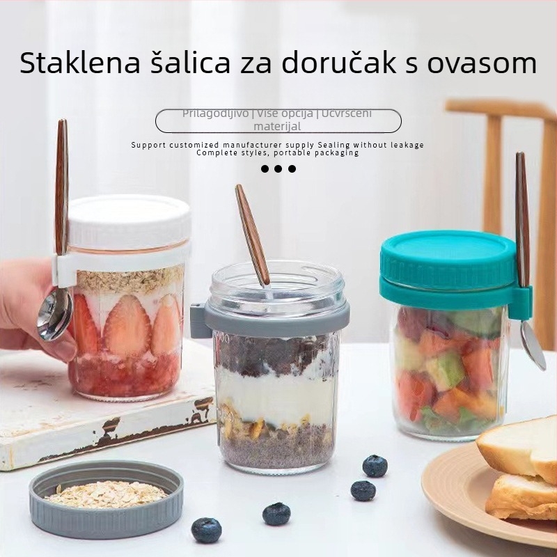 Staklena čaša za vodu s držkom i žličicom, kapacitet 350 ml, soda-lime staklo, tiskano logo