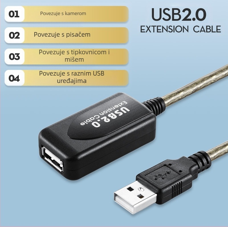 USB produžni kabel Type-A muški na Type-A ženski, bakreni vodič, bakren kabel, kompatibilan s različitim računalima, težina 0.7 kg