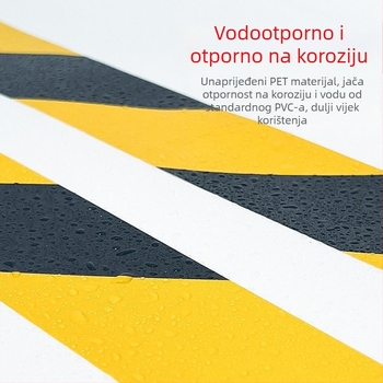 PE upozoravajuća traka za sigurnost na gradilištu i označavanje poda; ljepilo na bazi gume; papirno jezgro; temperaturni raspon -50 do 100°C; lako uklanjanje bez ostatka ljepila