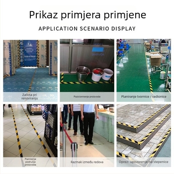 PE upozoravajuća traka za sigurnost na gradilištu i označavanje poda; ljepilo na bazi gume; papirno jezgro; temperaturni raspon -50 do 100°C; lako uklanjanje bez ostatka ljepila