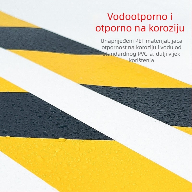 PE upozoravajuća traka za sigurnost na gradilištu i označavanje poda; ljepilo na bazi gume; papirno jezgro; temperaturni raspon -50 do 100°C; lako uklanjanje bez ostatka ljepila