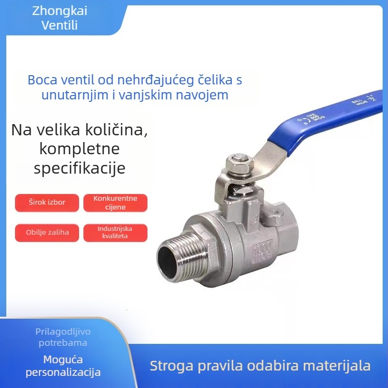 Ručni nehrđajući čelični kuglasti ventil s unutarnjim i vanjskim navojem, dvodijelni, za vodu, jednosmjeran tok
