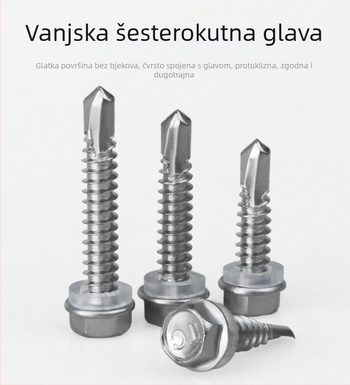 Nerđajući čelik 410, vijak s vanjskim šesterokutnim glavom, samorezujući i samodrillajući, za obojane metalne ploče, veličine M4.8/M5.5