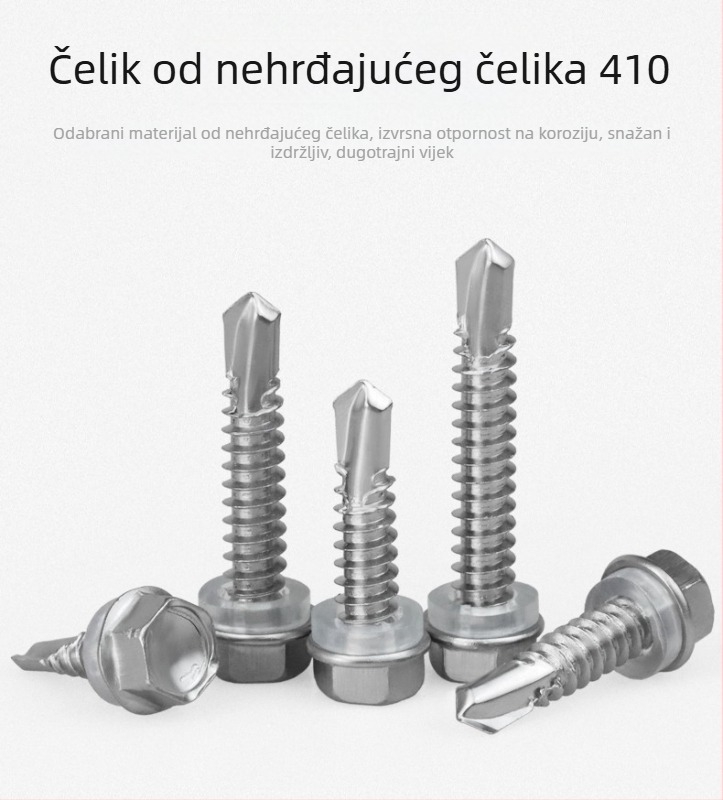 Nerđajući čelik 410, vijak s vanjskim šesterokutnim glavom, samorezujući i samodrillajući, za obojane metalne ploče, veličine M4.8/M5.5