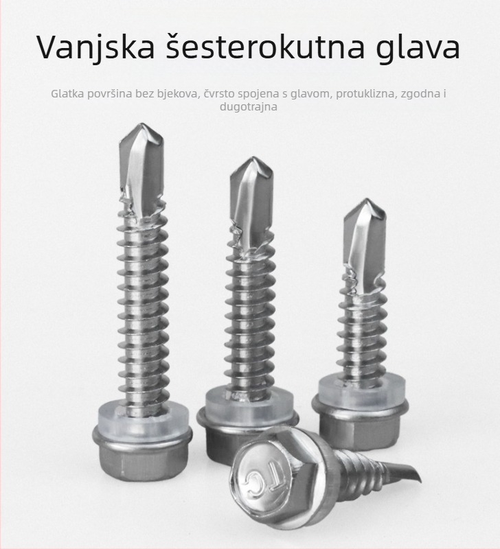 Nerđajući čelik 410, vijak s vanjskim šesterokutnim glavom, samorezujući i samodrillajući, za obojane metalne ploče, veličine M4.8/M5.5