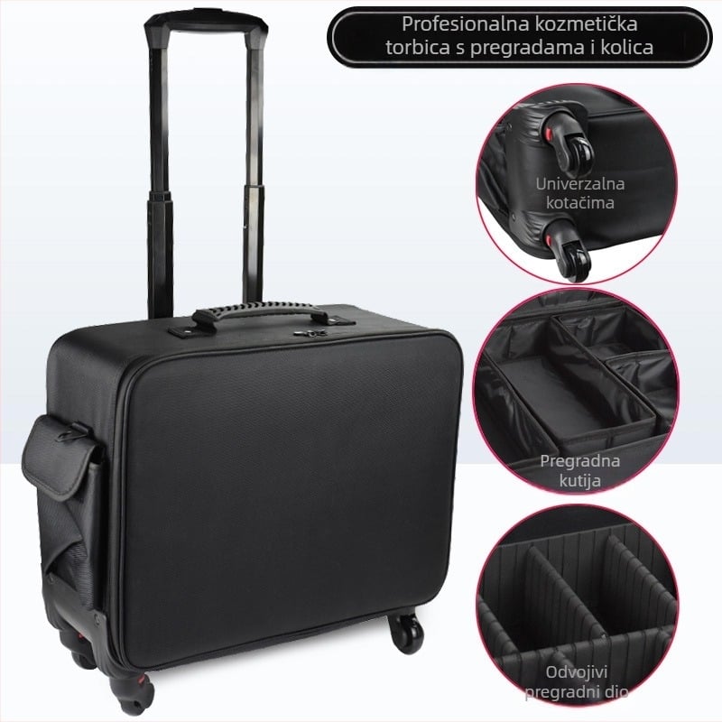 Kozmetički kovčeg na kolima s vučnom ručkom, Oxford platno, universalni kotači, zatvaranje zipom