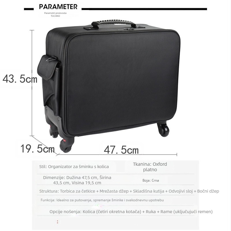 Kozmetički kovčeg na kolima s vučnom ručkom, Oxford platno, universalni kotači, zatvaranje zipom