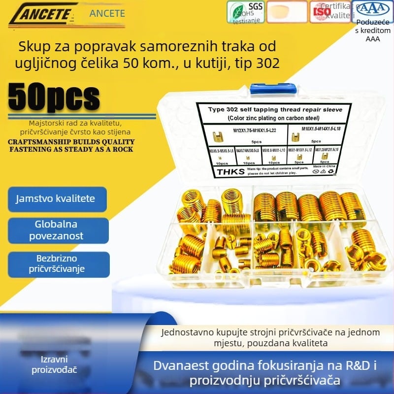 Vijčane čahure za samorezni 302 tip karbonskog čelika, set za popravak navoja, 50 kom., kombinirani paket