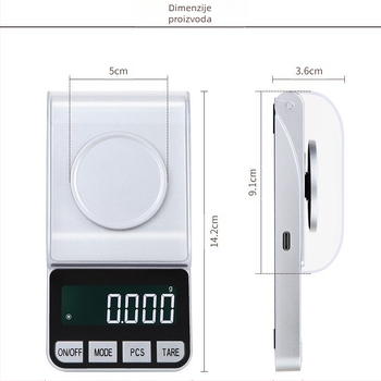 Točna vaga za nakit, model 188A, raspon kapacitete 50 g/0.001 g, dimenzije 7.4×14.2×3.6 cm, elektronička, napajanje USB ili 2x AAA